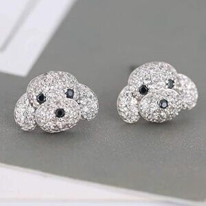 Silver Poodle Dog Earrings Hypoallergenic Rhinestone Crystal